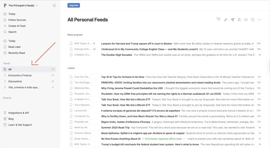 Come funziona Feedly - i miei feed